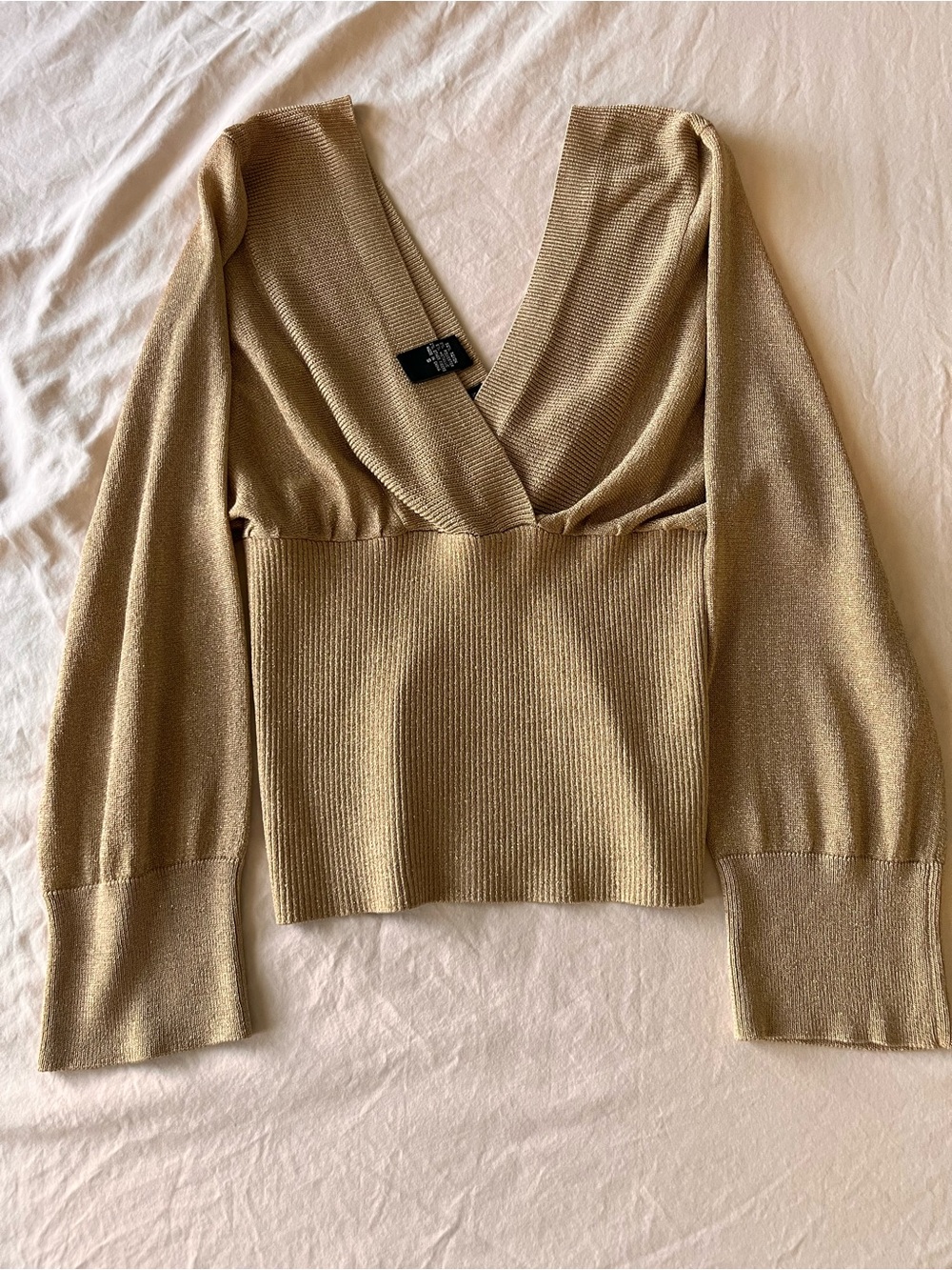 Moda International Metallic Gold V-Neck Ribbed Sweater
